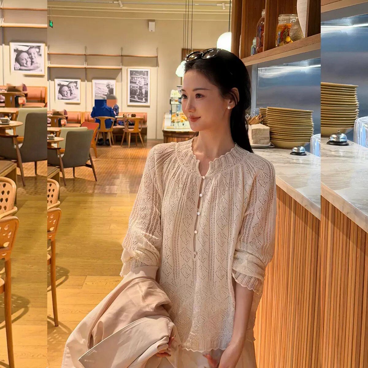 立领蕾丝衫女 半开扣灯笼袖短款镂空上衣温柔风春秋长袖小衫