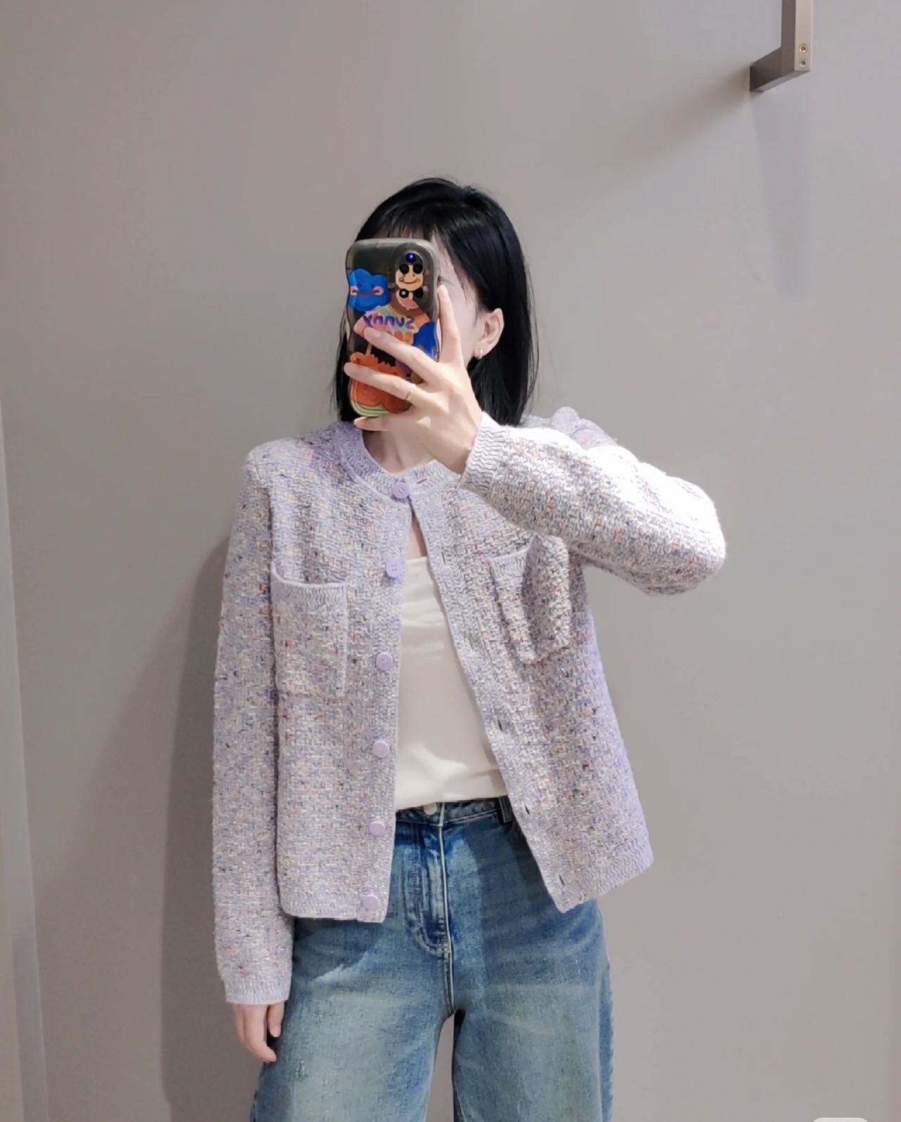 ER花式绵羊毛小香风外套圆领紫花小香风羊绒混纺开衫