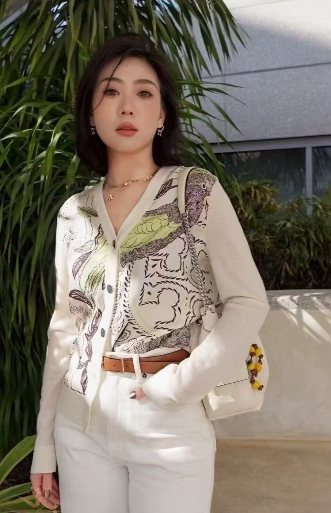 法式复古印花V领针织开衫女 2026春夏新款气质显瘦拼接长袖上衣