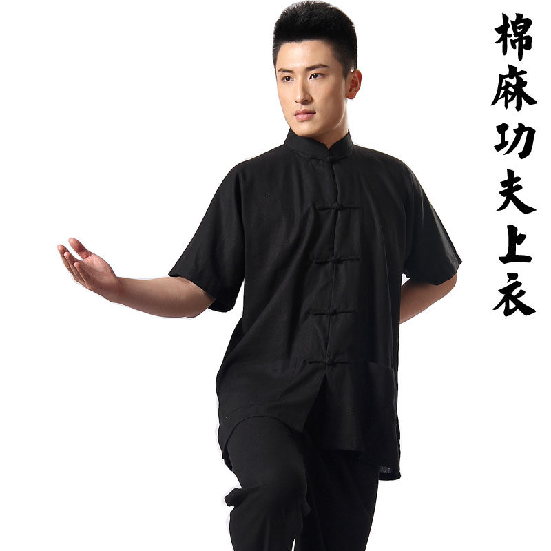 男式唐装民族风中国风夏季黑色棉麻传统连袖短袖中式休闲功夫中年