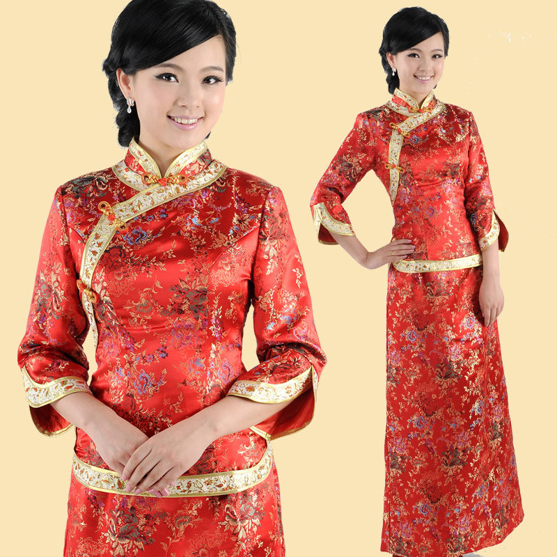 织锦缎新娘旗袍禾秀服大红婚宴敬酒礼服分体套装长裙一步裙结婚服