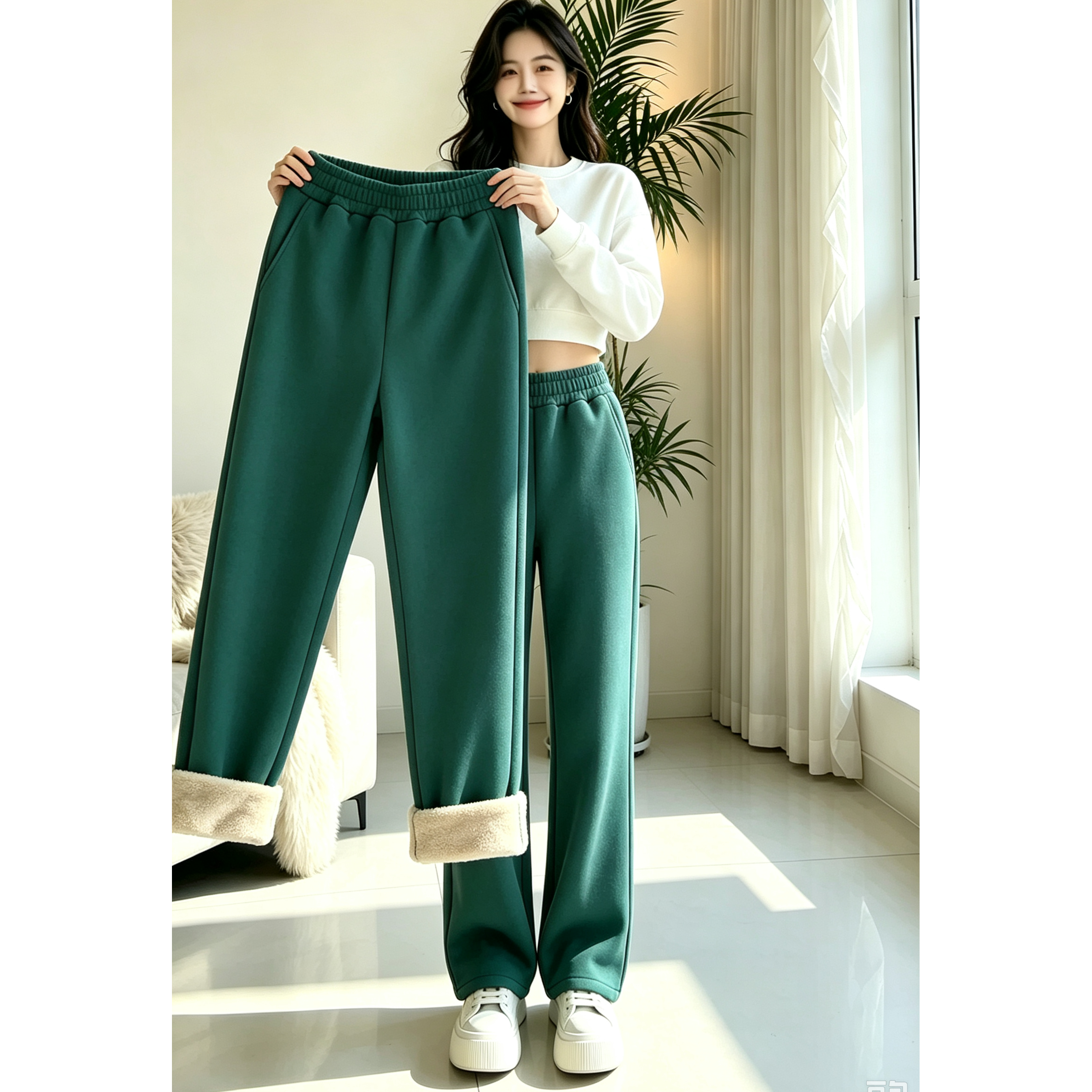 加绒加厚2026秋冬女卫裤棉质羊羔绒显瘦裤保暖蓄热阔腿裤