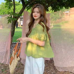 RM19706#夏季设计感镂空钩花套头上衣泡泡袖方领短袖衬衫女