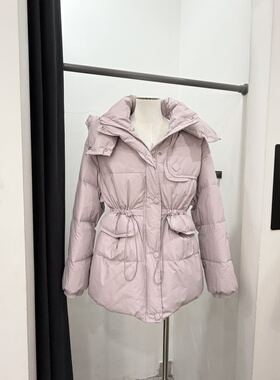2026冬新款女装连帽抽绳收腰浅紫色羽绒服宽松加厚面包服外套上衣
