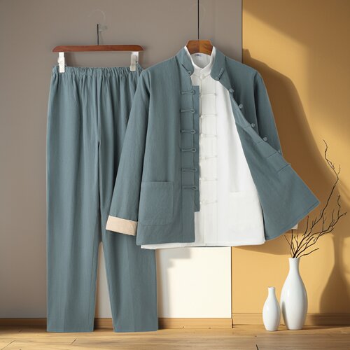 春秋棉麻中式盘扣国风唐装三件套亚麻长袖禅修居士汉服男女太极服