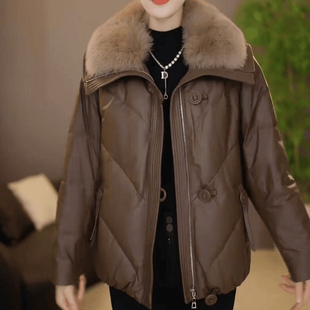 海宁PU皮羽绒服女短款2025冬新款可拆卸狐狸毛领加厚皮衣外套妈妈