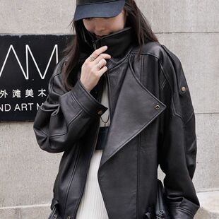 复古百搭机车高级感泡皮夹克 新款 海宁高端皮衣外套女装 2024春秋季