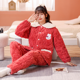 冬季睡衣女加厚款加绒提花绒保暖三层夹棉秋冬天女装法兰绒家居服