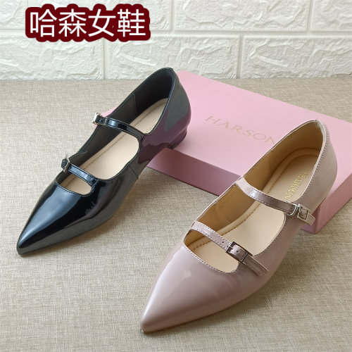HARSON哈森正品女鞋牛漆皮尖头浅口单鞋女一字扣玛丽珍鞋气质女鞋