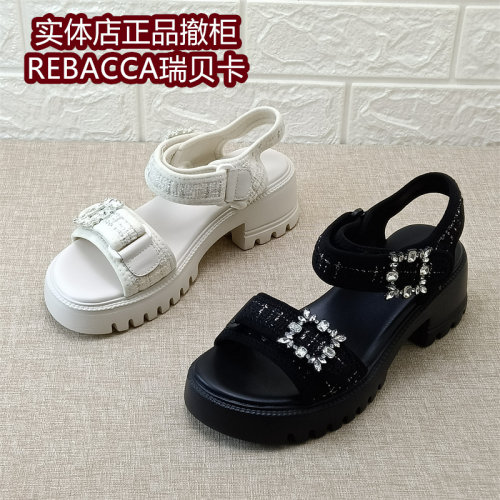 REBACCA瑞贝卡女鞋撤柜厚底凉鞋女夏粗跟水钻魔术贴休闲百搭时装