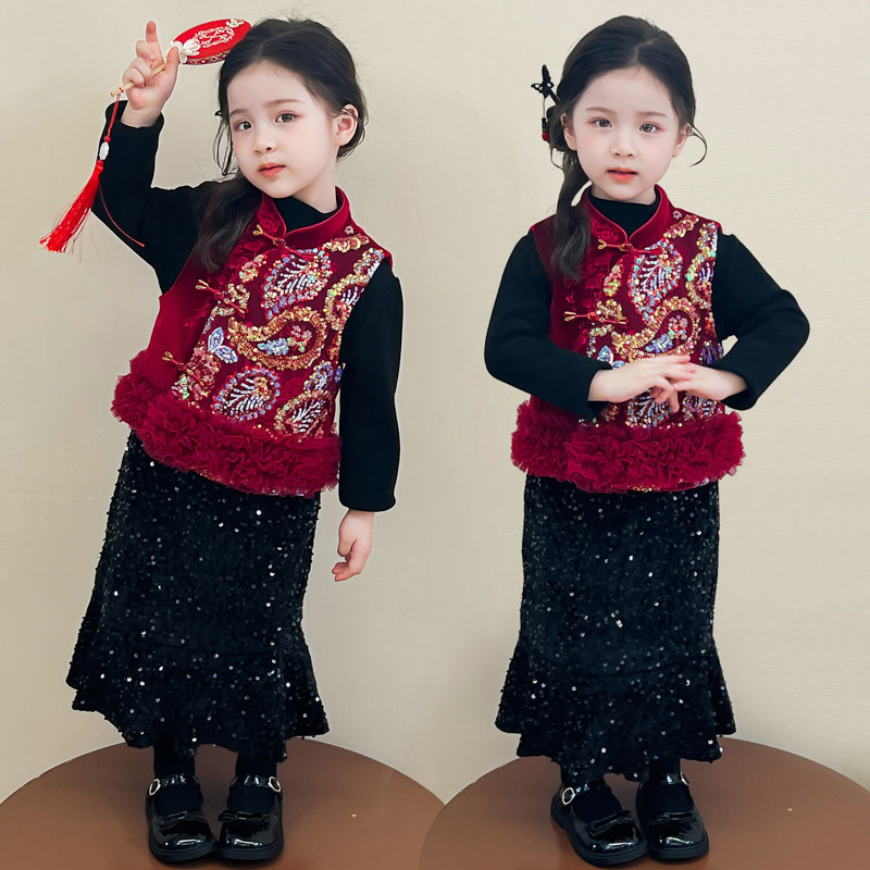 女童新中式拜年2025冬季新款女孩中国风长裙三件套女大童年服童装