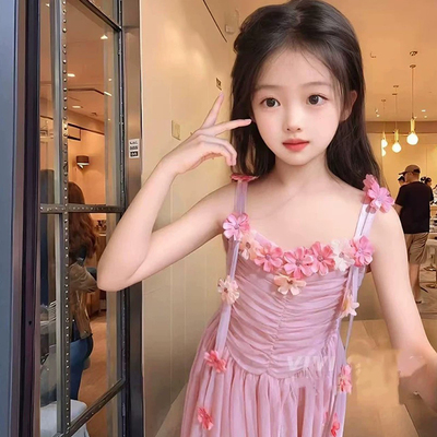 女童花朵度假风吊带式连衣裙夏季新款韩系网纱公主裙童装沙滩裙
