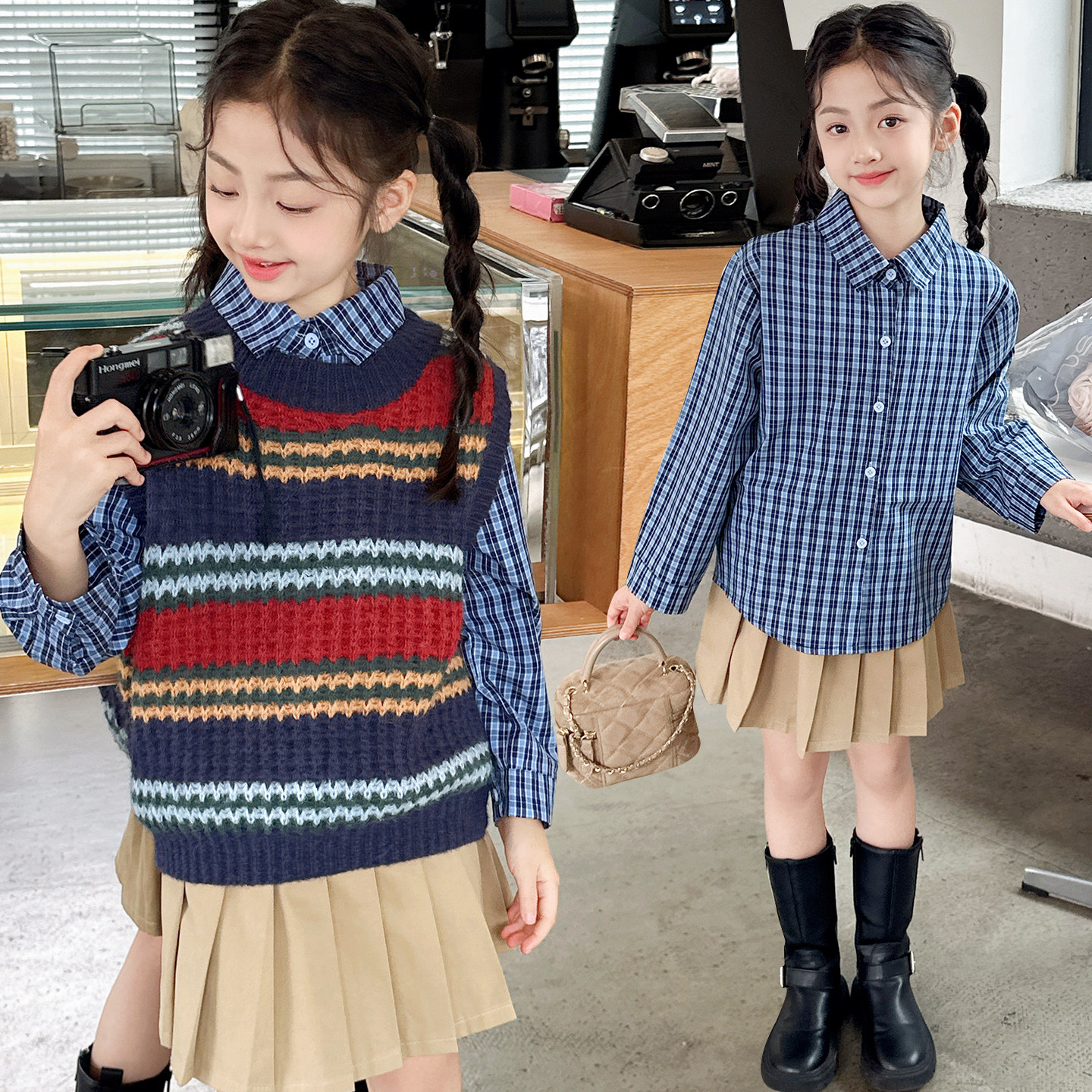 女童园服校服学院风演出服春秋儿童jk衬衫彩虹马甲衬衫裙子三件套
