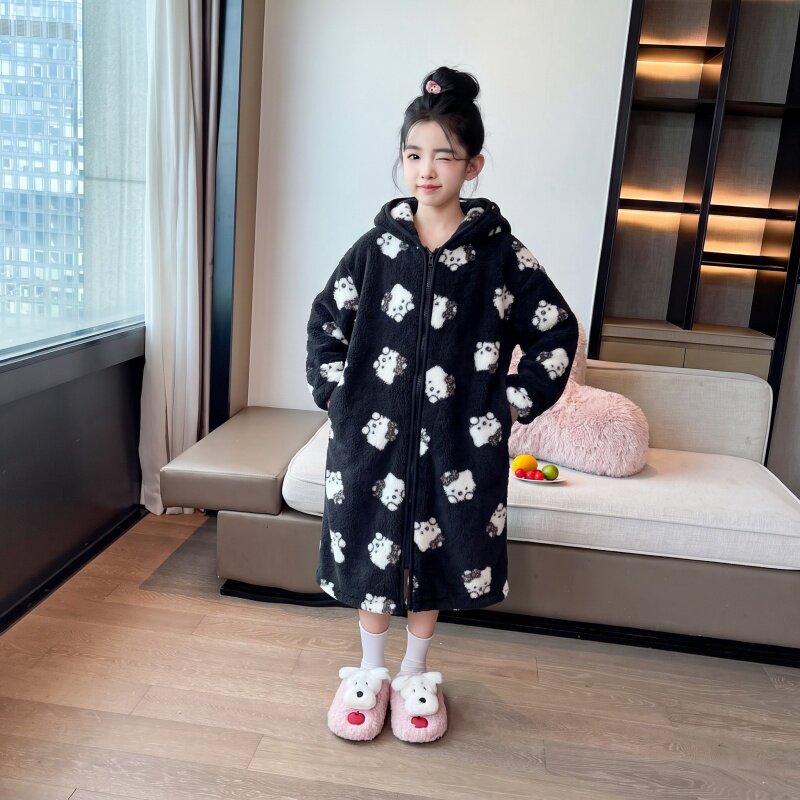 女童加绒保暖睡裙秋季新款儿童加厚家居服睡袍女孩长款睡衣童装潮