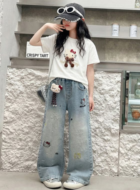 女童短袖套装夏季韩版女孩T恤牛仔裤两件套中大童休闲童装夏衣服