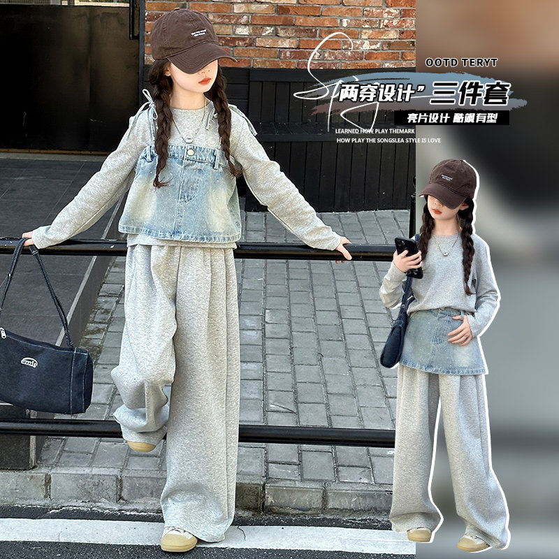 女童运动服套装春季新款小女孩纯棉韩版休闲三件套爆款中大童装潮