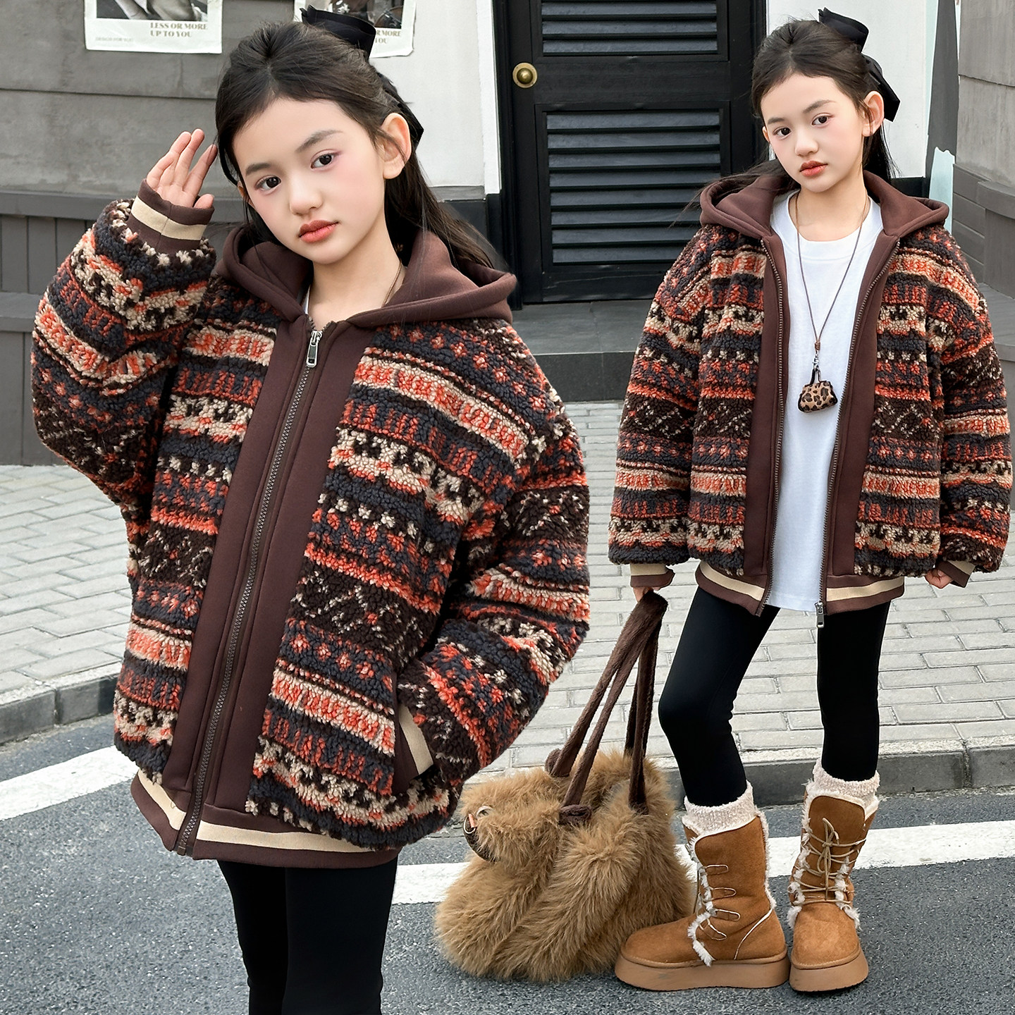女童毛毛衣冬季新款儿童加绒加厚棉衣外套中大童女孩连帽棉服棉袄