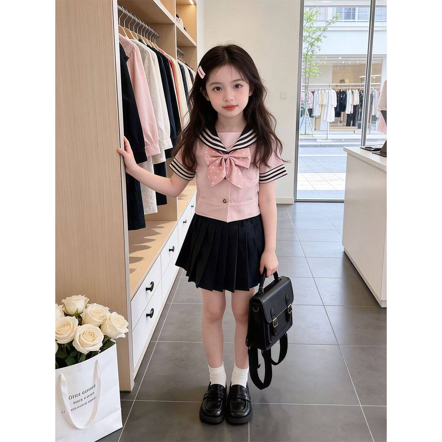 女童短袖套装夏季新款儿童学院风演出服jk制服衬衫百褶裙表演服潮
