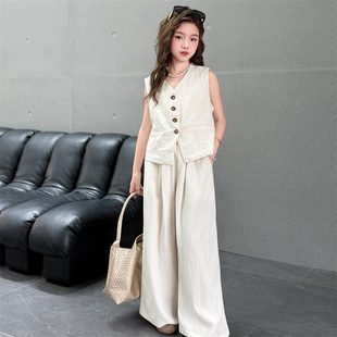 女童马甲套装夏季女孩背心上衣长裤两件套大童天丝亚麻休闲童装