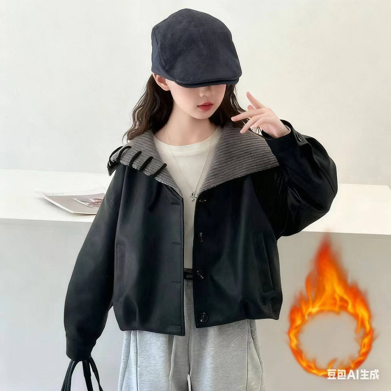 女童连帽皮衣外套春秋新款儿童爆款中大童休闲上衣童装衣服秋装