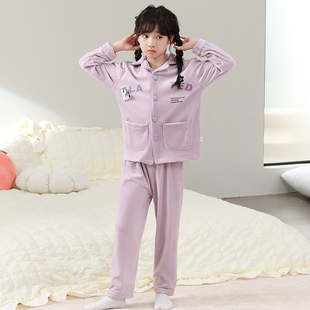 女童秋冬海岛绒绒睡衣儿童加绒保暖家居服中大童休闲短绒套装冬季