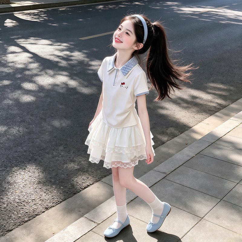 女孩短袖短裙套装夏季新款儿童蛋糕花边裙子两件套女大童夏装潮t