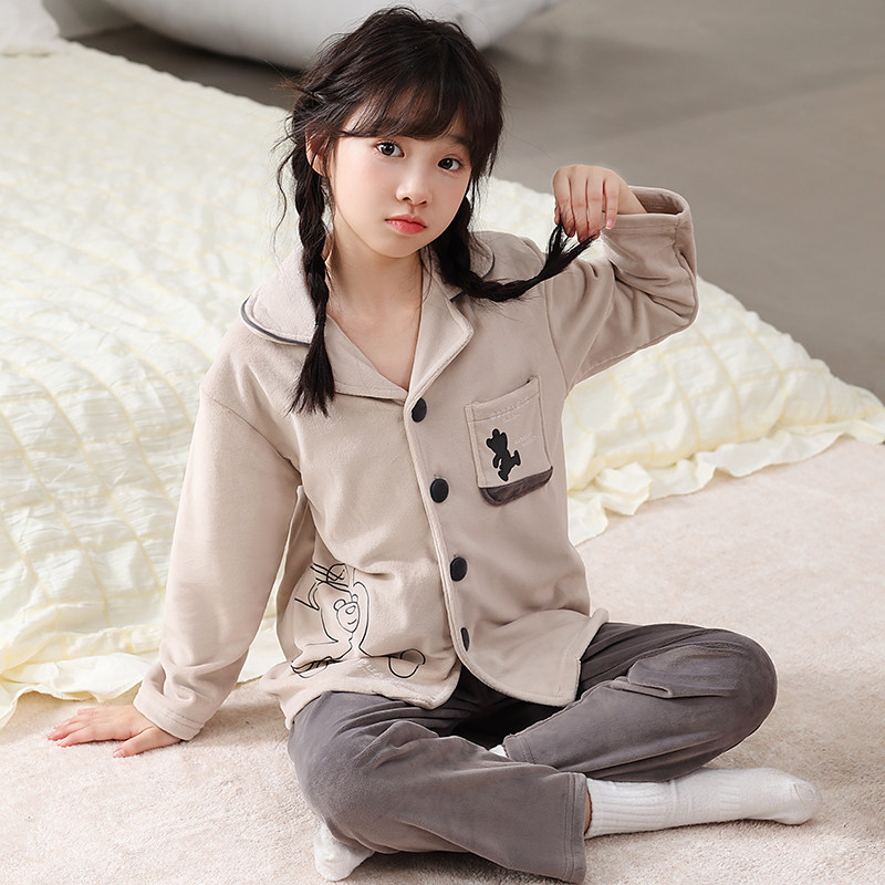 女童睡衣秋冬新款儿童牛奶绒家居服套装女大童法兰绒保暖两件套潮