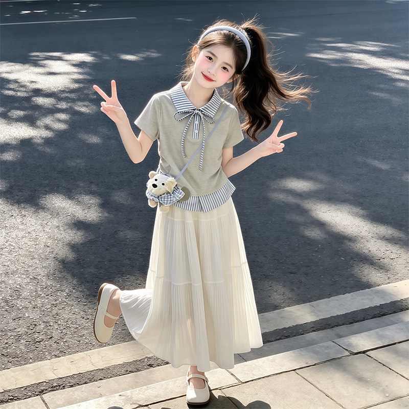 女童T恤夏季新款韩版女孩短袖裙子两件套中大童套装裙长裙子童装