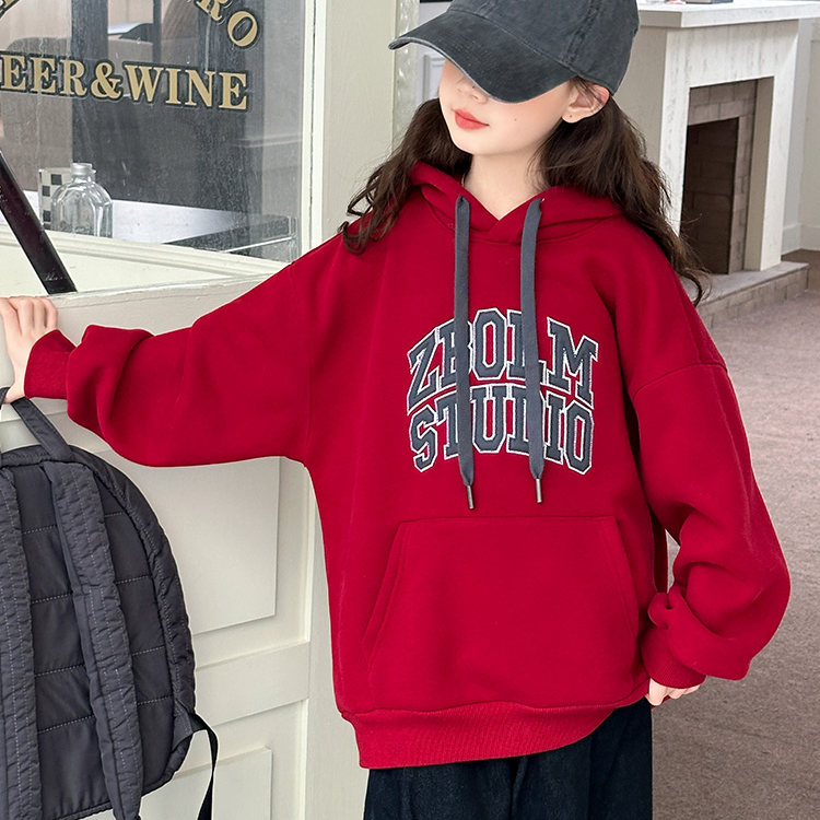 女童连帽加绒卫衣冬季新款中大童绒衫女孩羊羔绒加厚打底衣童装