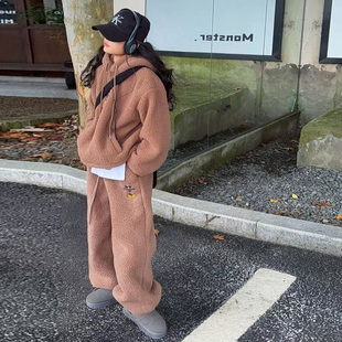 女童运动服套装冬季新款女孩加绒加厚韩版休闲两件套羊羔毛加厚潮