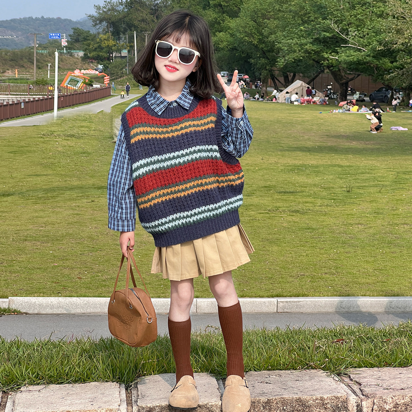 女童园服校服学院风演出服春秋儿童jk衬衫彩虹马甲衬衫裙子三件套
