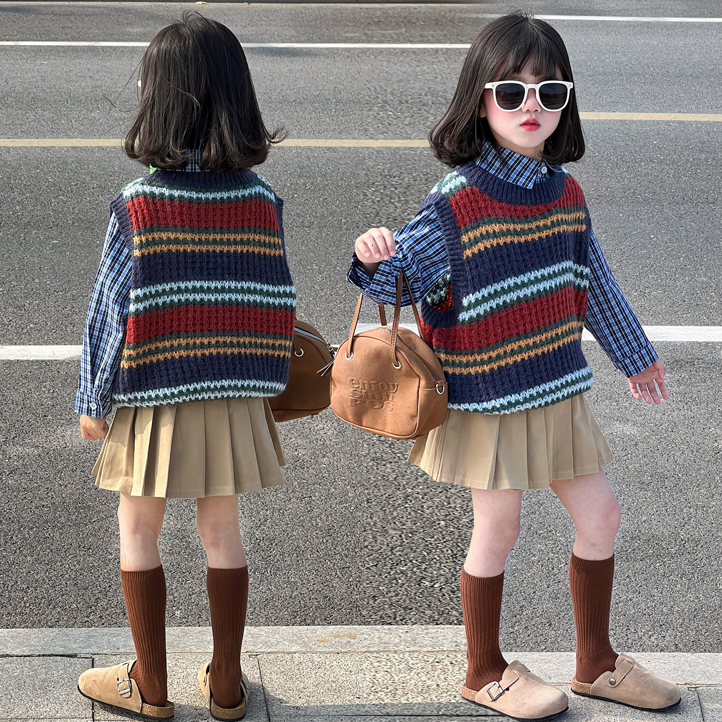 女童园服校服学院风演出服春秋儿童jk衬衫彩虹马甲衬衫裙子三件套