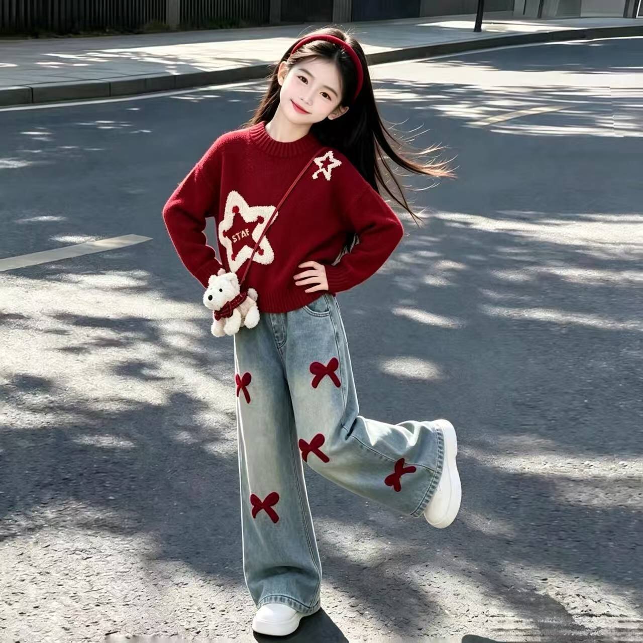 女童红色毛衣牛仔裤套装秋冬新款儿童韩版针织衫裤子两件套初秋装