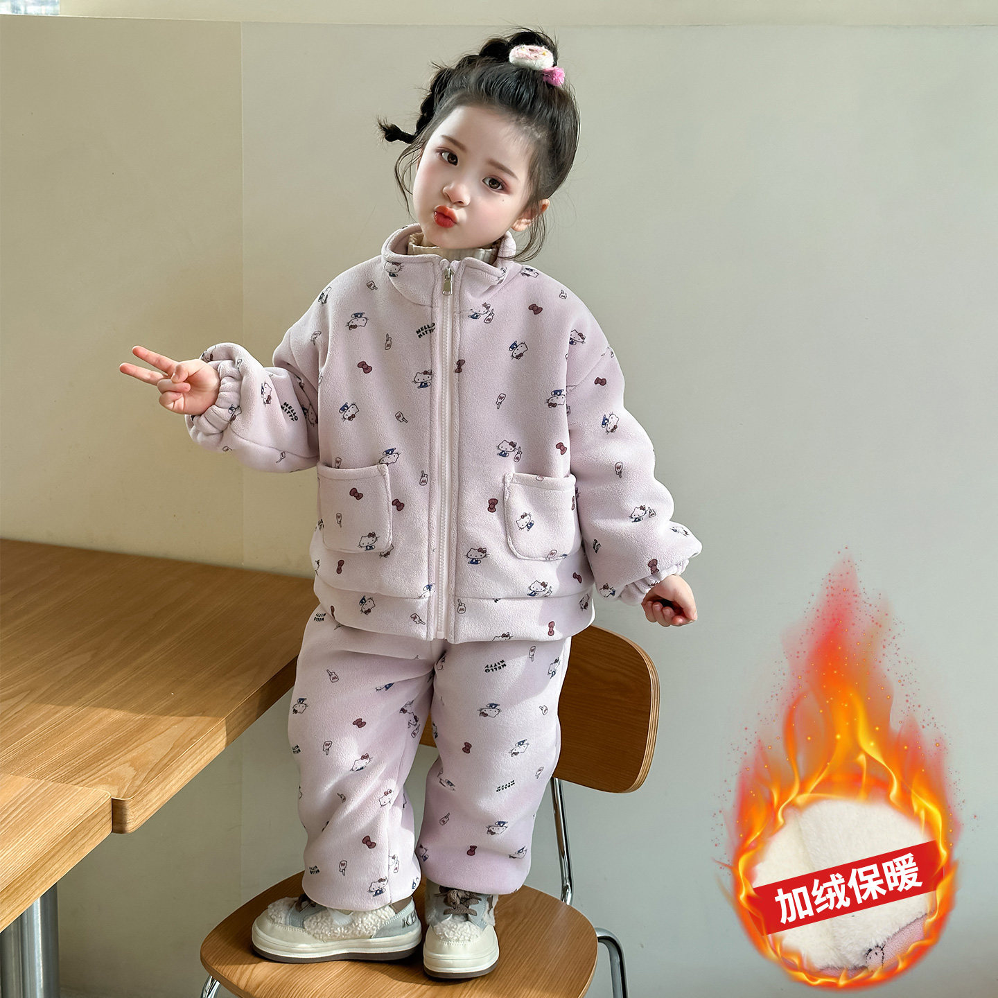 女童三层加厚套装冬季新款女孩加绒卡通KT猫休闲两件套宝宝棉衣