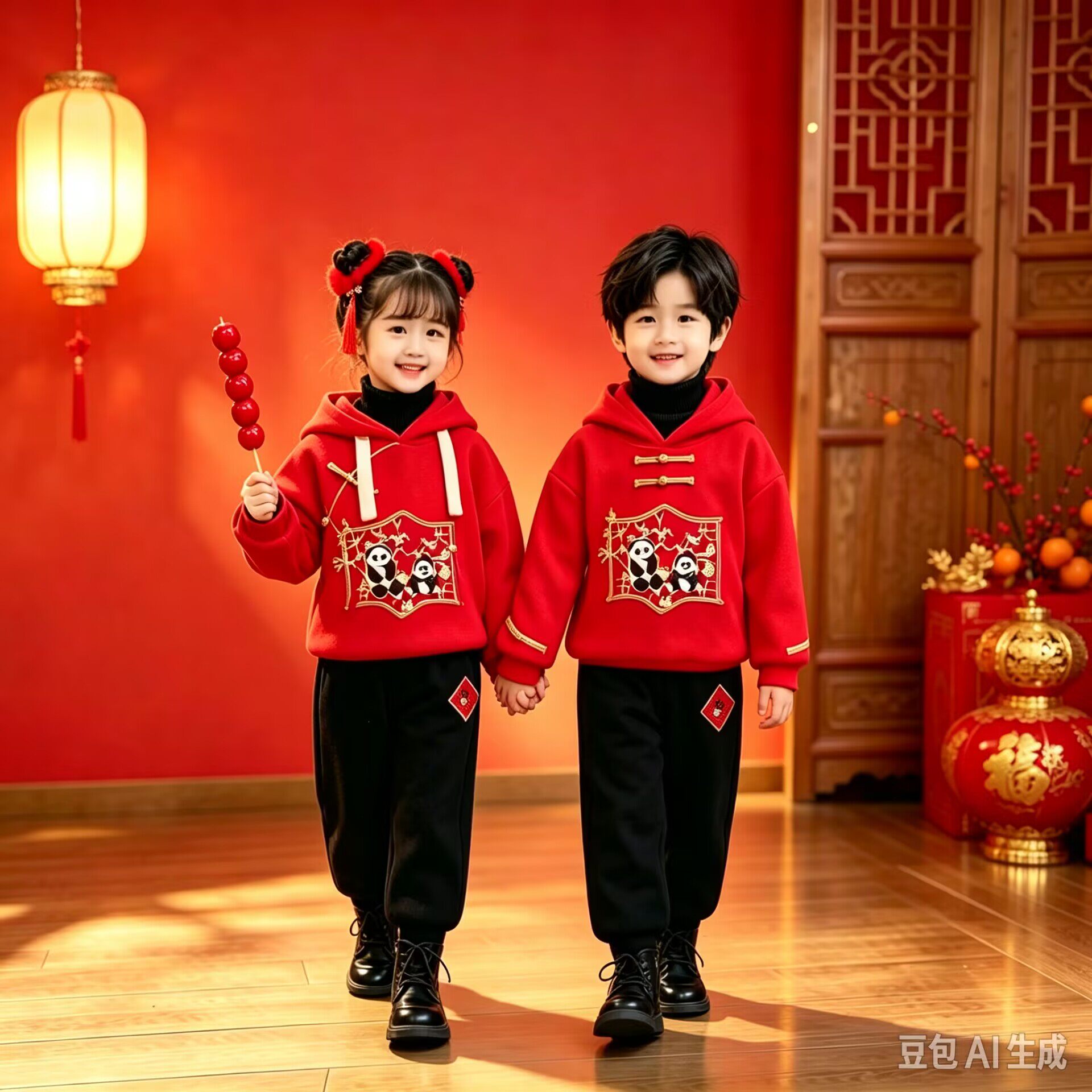 幼儿园元旦表演服秋冬装儿童加绒卫衣套装民族风国学服新年拜年服