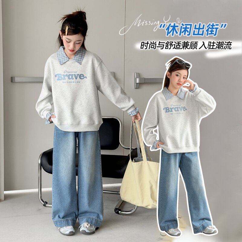 女童卫衣牛仔裤套装春季新款儿童POLO衫上衣两件套女孩阔腿裤童装