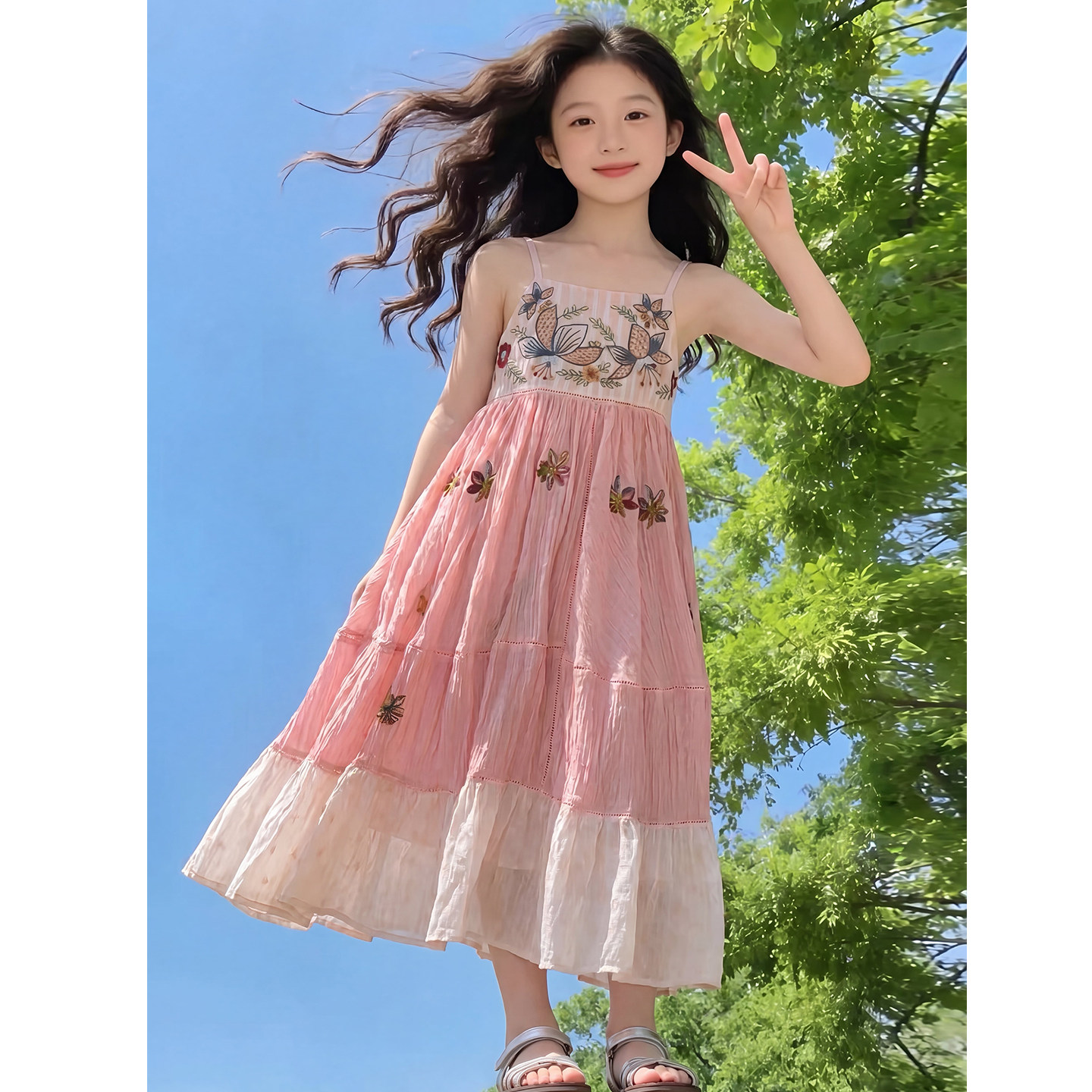 女童夏季法式刺绣公主吊带连衣裙