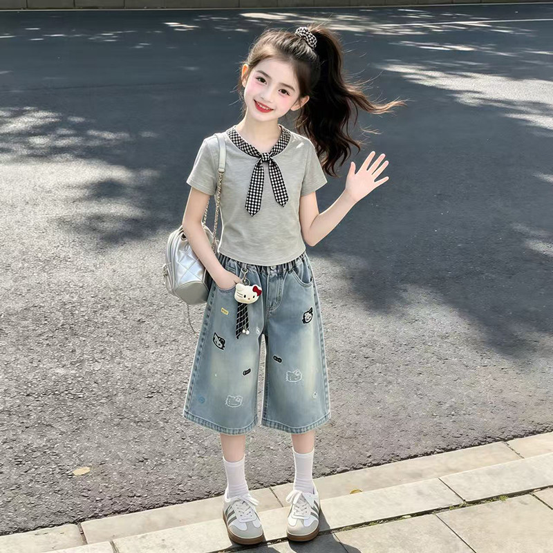 女童T恤套装夏季新款韩版女孩短袖牛仔短裤两件套中大儿童夏装潮t