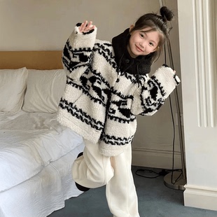 女童羊羔绒外套冬季新款儿童小香风加厚上衣女孩棉袄皮毛一体冬装