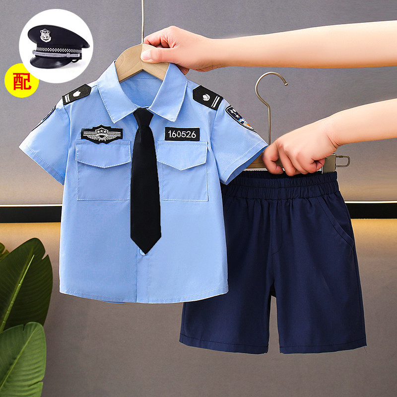 儿童纯棉套装男童夏季交警制服小男孩短袖警服演出服警官服装cos