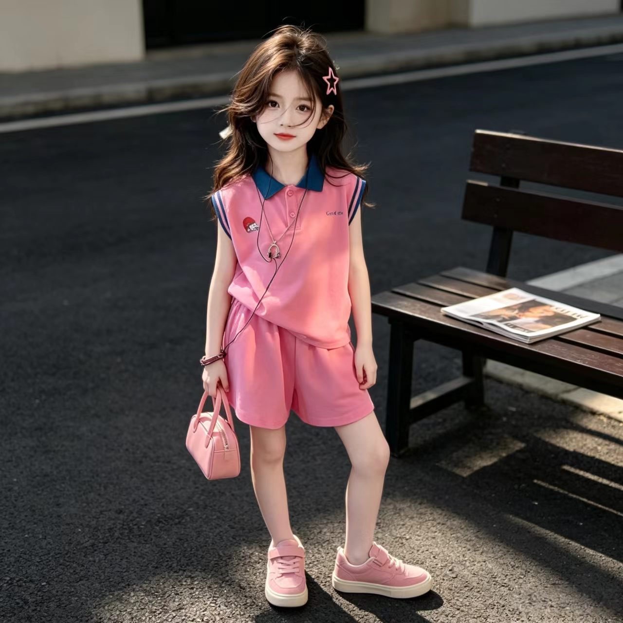 女童Polo衫套装夏季韩版女孩短袖短裤两件套大童纯棉休闲童装衣服