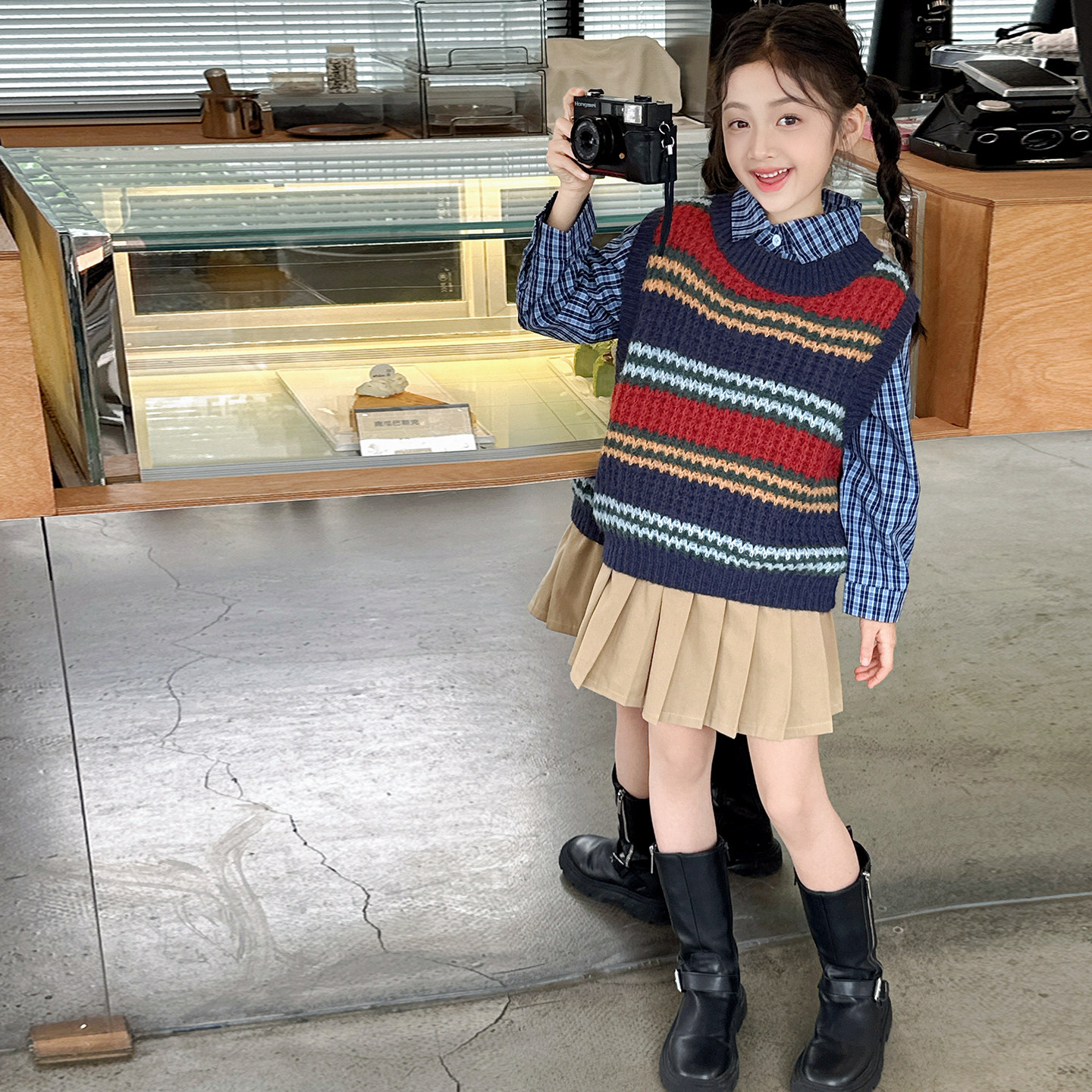 女童园服校服学院风演出服春秋儿童jk衬衫彩虹马甲衬衫裙子三件套