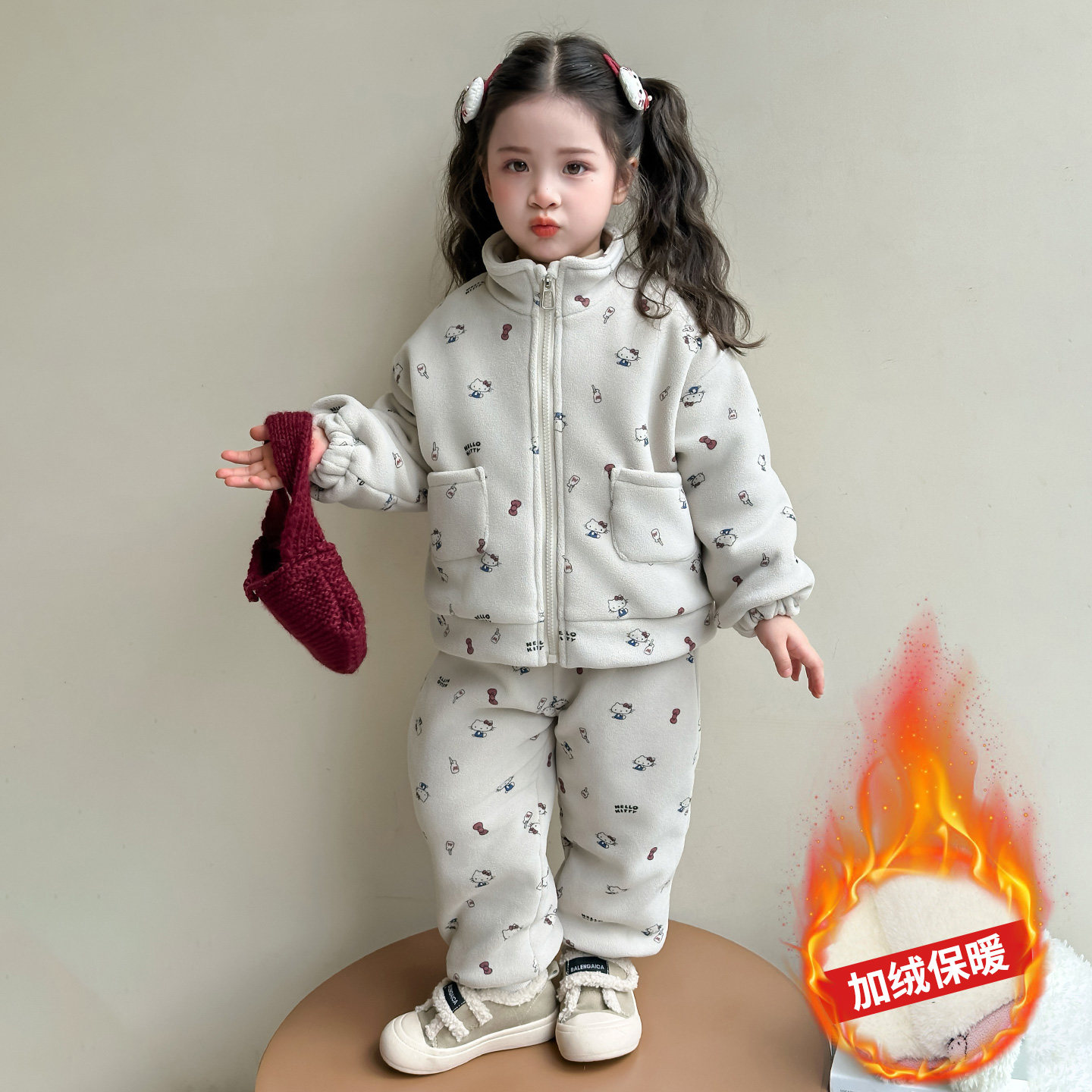 女童三层加厚套装冬季新款女孩加绒卡通KT猫休闲两件套宝宝棉衣