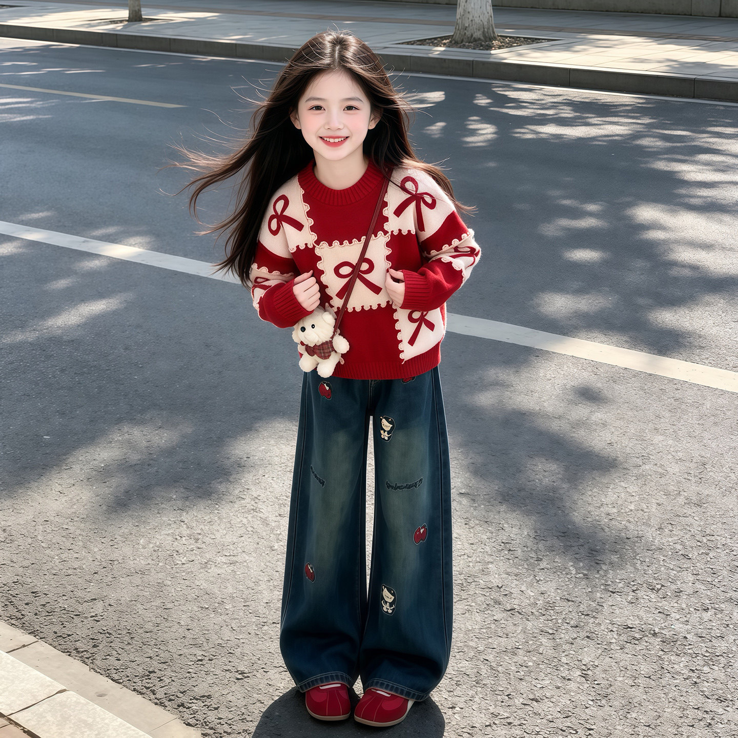 女童毛衣牛仔裤套装秋冬新款儿童韩版针织衫加绒裤子两件套秋冬装
