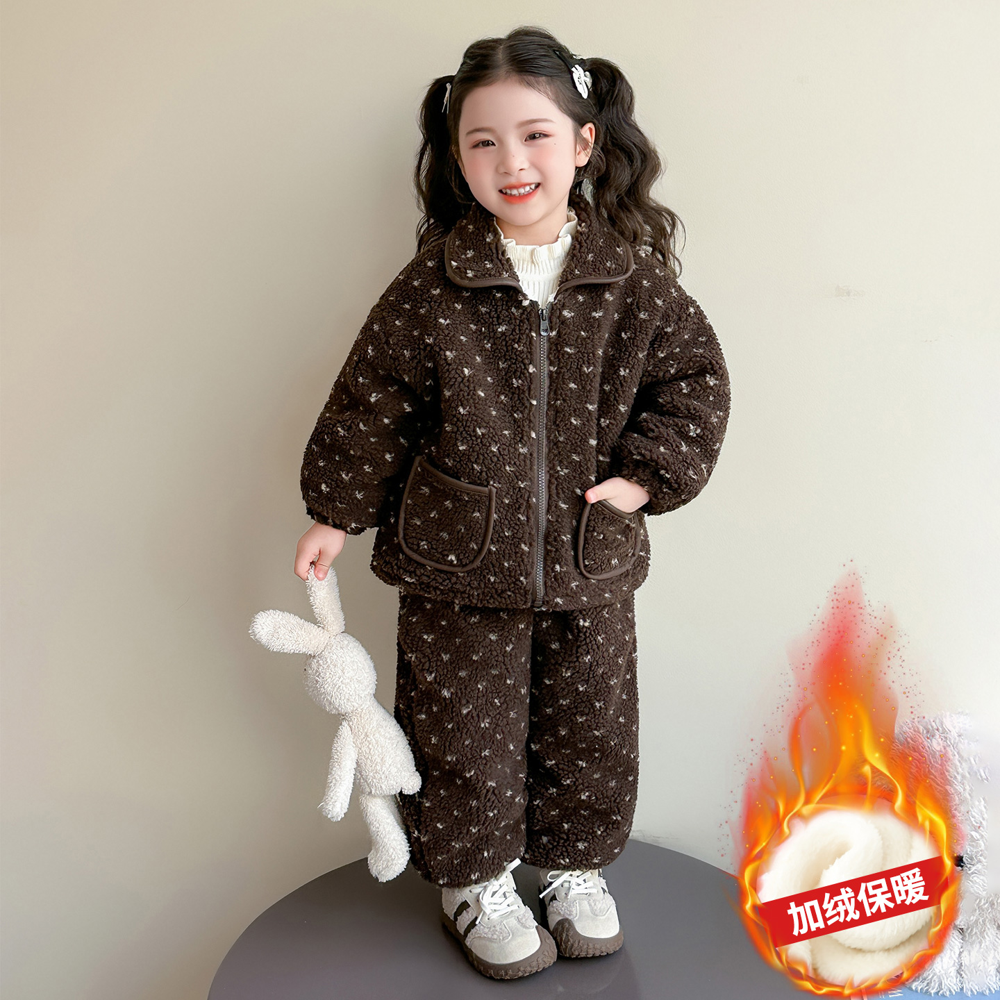 女童三层加厚套装冬季新款女孩加绒加棉韩版休闲两件套宝宝棉衣