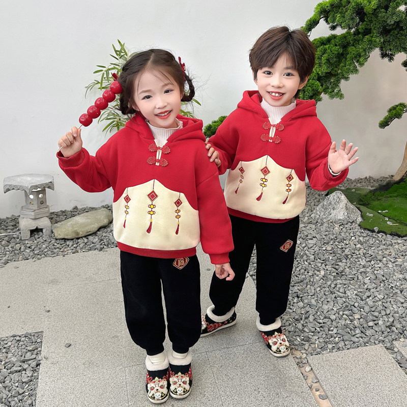 女童加绒喜庆冬季新款儿童保暖上衣中小童拜年服女孩红色卫衣潮流