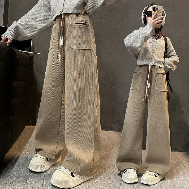 女童加绒羊羔毛冬季新款儿童阔腿裤中大童直筒裤休闲保暖女孩长裤