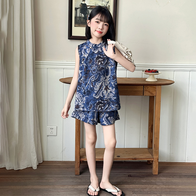 女童新中式套装夏季韩版女孩背心上衣短裤两件套大童棉麻休闲童装
