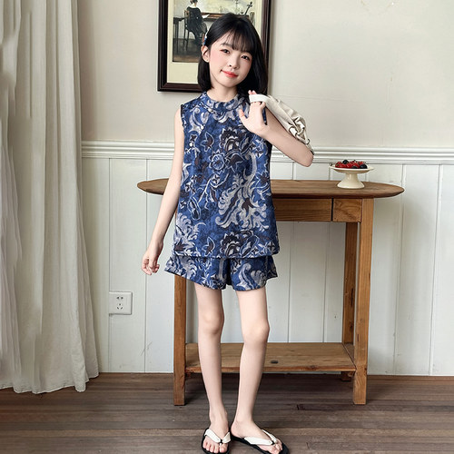 女童新中式套装夏季韩版女孩背心上衣短裤两件套大童棉麻休闲童装