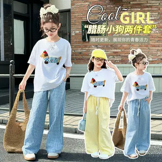 女童短袖套装夏季韩版女孩薄款T恤两件套大童纯棉上衣格子休闲裤